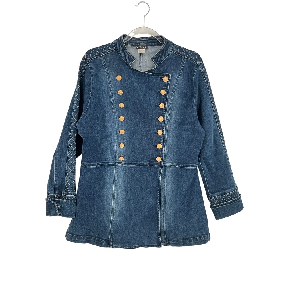 Venus Womens Denim Military Band Jacket 16 Gold Buttons Quilted Stitching